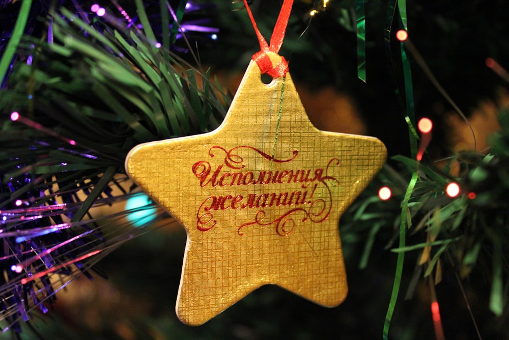 a christmas ornament hanging from a christmas tree