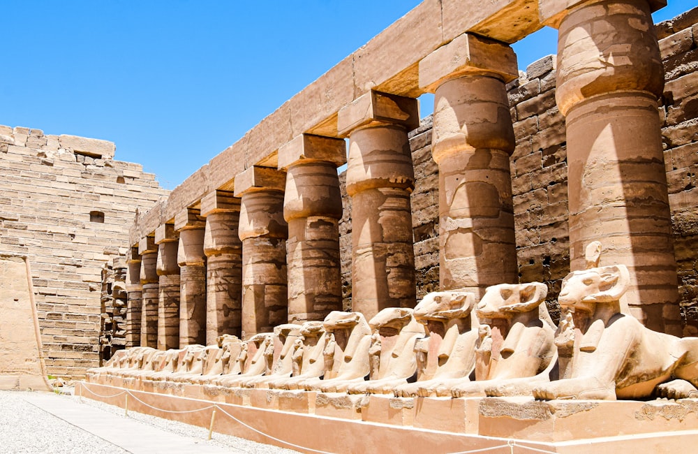 a row of statues in front of a building