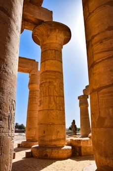 Massive ancient stone columns with intricate hieroglyphic carvings stand tall in a sunlit archaeological ruin. The sparse vegetation and clear sky in the background add to the sense of historical grandeur.