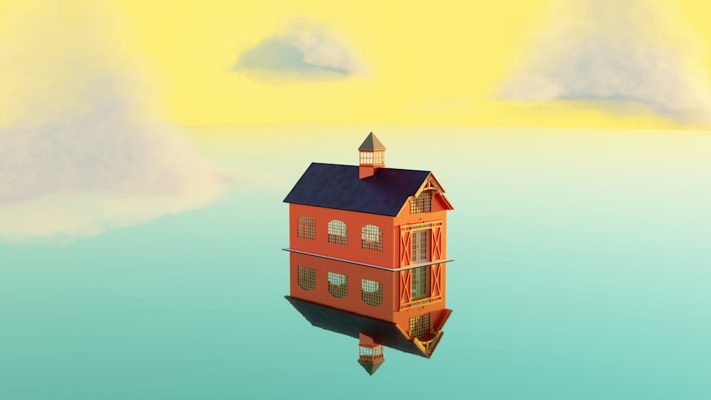 a house floating in the middle of a body of water