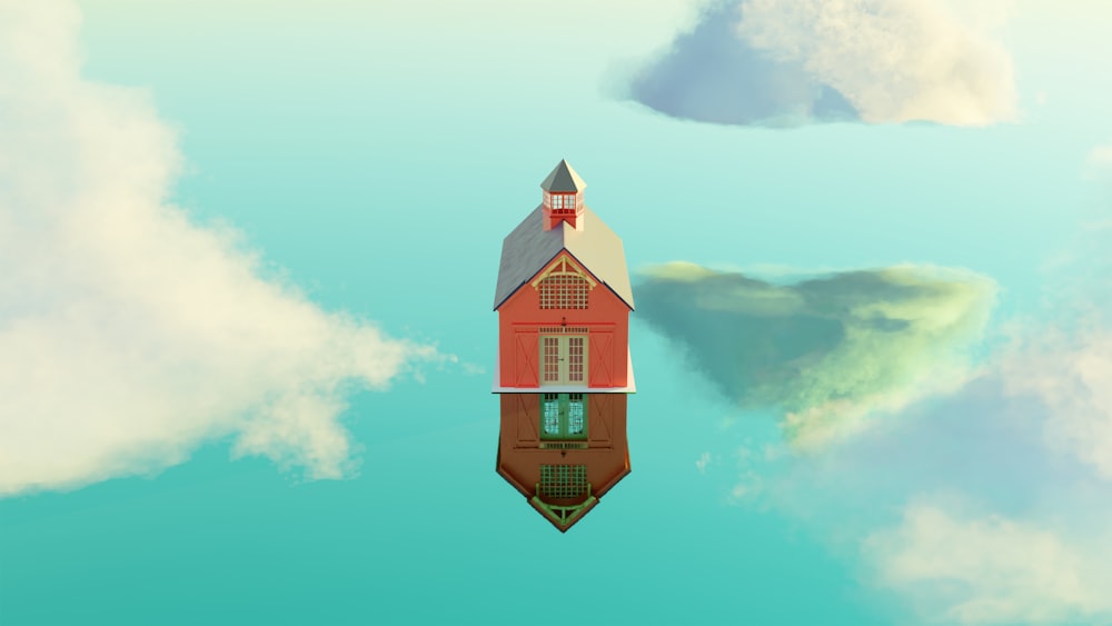 a red house floating in the sky with clouds