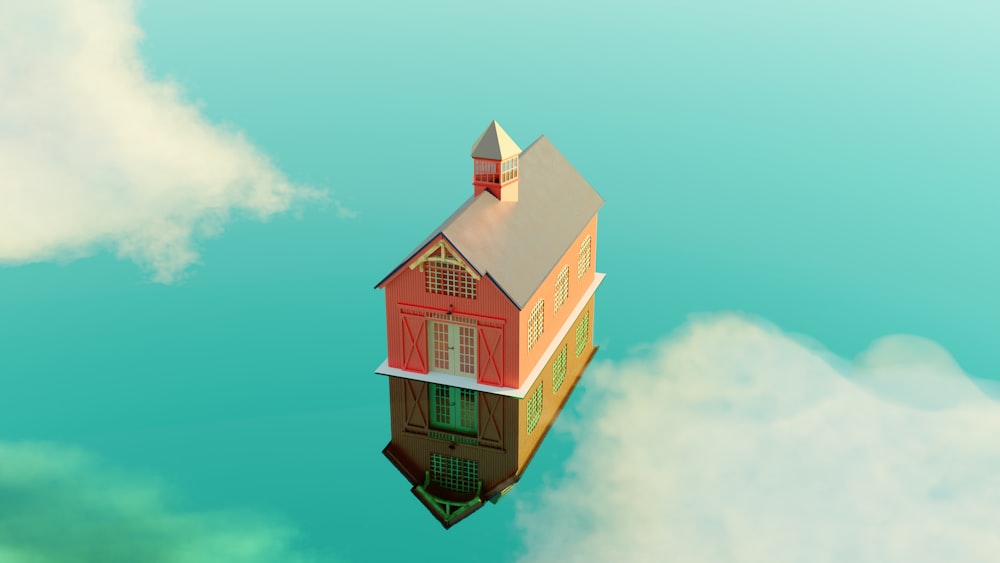 a house floating in the air with a sky background