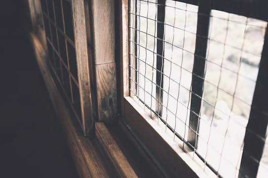 A close-up of a wooden-framed window with a metal grid. The lighting is soft, creating a serene and quiet atmosphere. The wooden textures are prominent and the grid pattern casts subtle shadows.