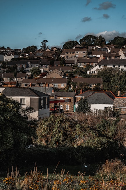 A residential area with numerous houses surrounded by lush greenery. The homes are mostly single-story, with a few two-story buildings. Trees are scattered around the area, and the sky is a clear blue with some clouds. In the center, there's a small gas station with a Texaco sign.