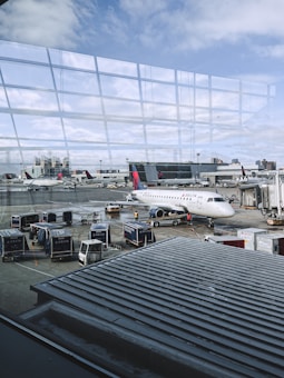 An airport scene features various objects such as a Delta airplane parked at the gate, several luggage carts, and service vehicles. The backdrop includes another aircraft and airport buildings, with a view of the sky through large glass windows reflecting the terminal. Ground crew members are also present, attending to tasks on the tarmac.