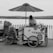 A monochrome image of an ice cream vendor with a cart on a seafront promenade. The vendor leans on the cart, looking at a phone, beneath a large umbrella. The cart has wheels and a sign that reads 'scream', with various bottles and containers placed on top. Behind, there is a fence and a view of a body of water with distant hills.