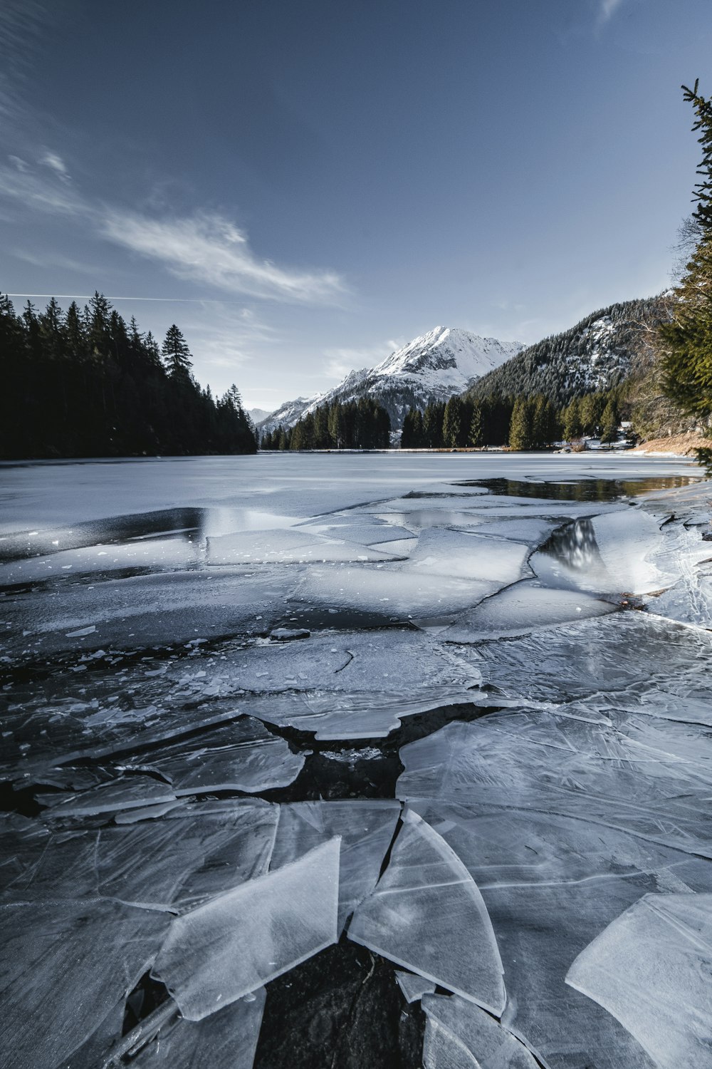 a frozen lake with trees and mountains in the background