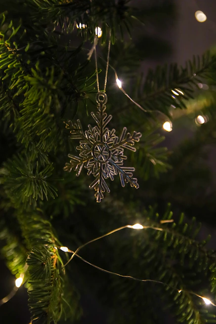 A festive wooden Christmas ornament engraved with delicate snowflake patterns, hanging on a tree.