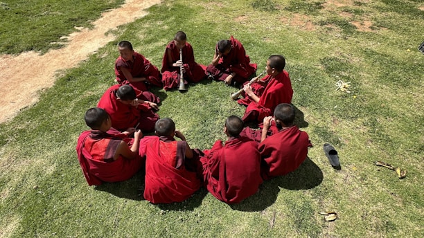 A group of young monks dressed in red robes sit in a circle on green grass. One of them is playing a wind instrument, while the others attentively listen or chat among themselves. The scene is set outdoors on a sunny day, indicated by the shadows and bright lighting.