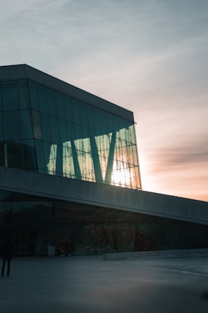 Modern residential building with large glass windows and natural wood accents at sunset.