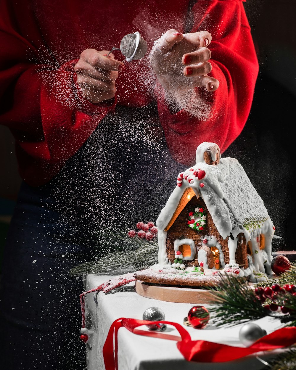 a person is decorating a gingerbread house