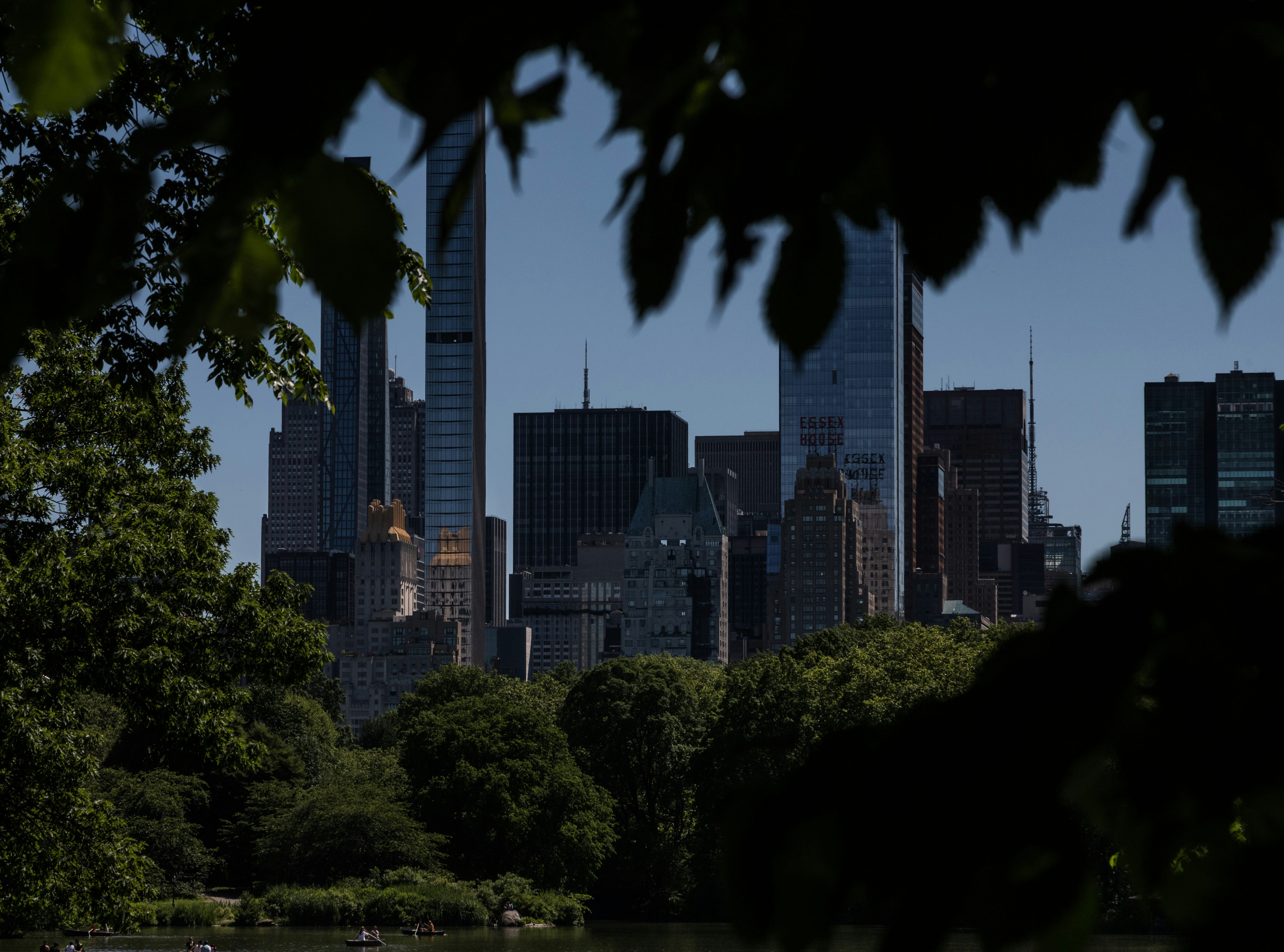 a view of a city skyline from a lake, 