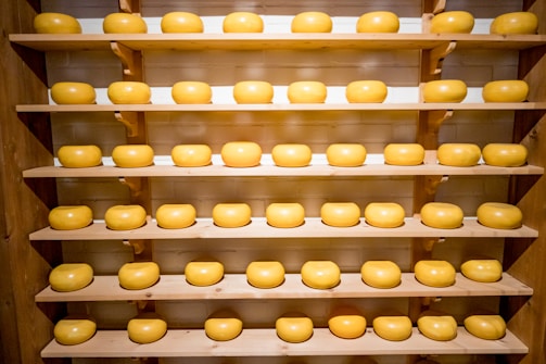 Several neatly arranged wheels of cheese rest on multiple wooden shelves, creating a symmetrical and organized display. The cheeses are uniform in shape and have a smooth, glossy surface, suggesting they are well-cared for.