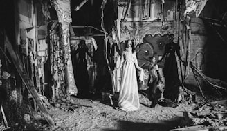 In a dilapidated and graffiti-covered space, three figures are dressed in elaborate costumes. The central figure wears a long, flowing white dress with a painted face, evoking a ghostly appearance. On either side, two figures are dressed in dark, theatrical outfits, adding to a mysterious and eerie atmosphere. The environment is cluttered, with debris and tattered materials hanging from the ceiling.