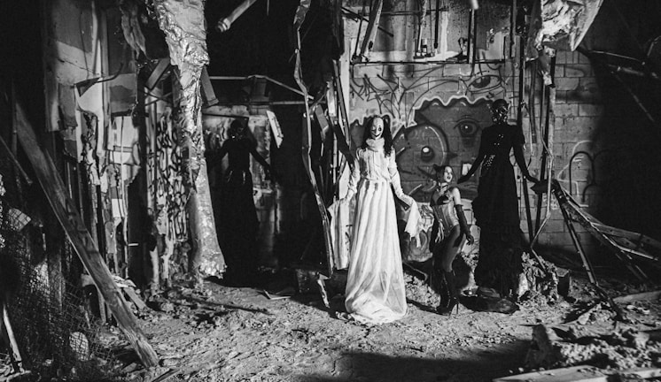 In a dilapidated and graffiti-covered space, three figures are dressed in elaborate costumes. The central figure wears a long, flowing white dress with a painted face, evoking a ghostly appearance. On either side, two figures are dressed in dark, theatrical outfits, adding to a mysterious and eerie atmosphere. The environment is cluttered, with debris and tattered materials hanging from the ceiling.