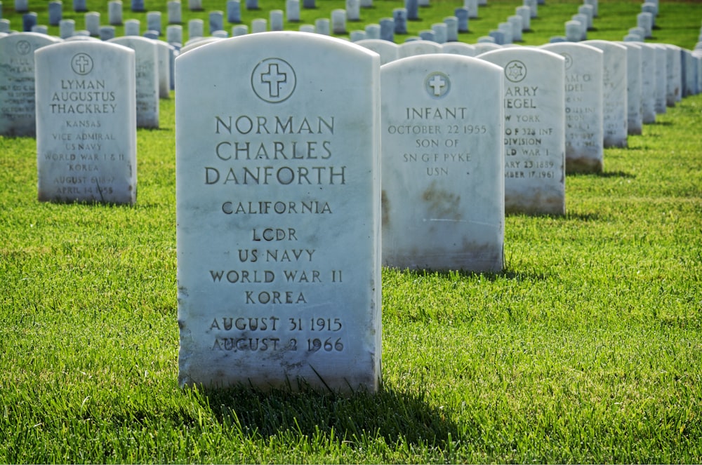 a group of headstones in a grassy field