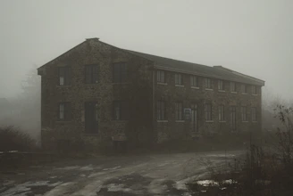 A misty, abandoned building with broken windows and overgrown vines, evoking a mysterious and eerie atmosphere.