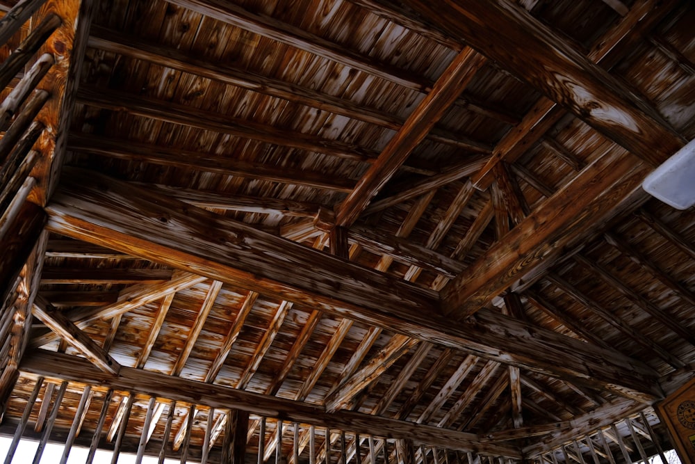 a room with a ceiling made of wooden planks