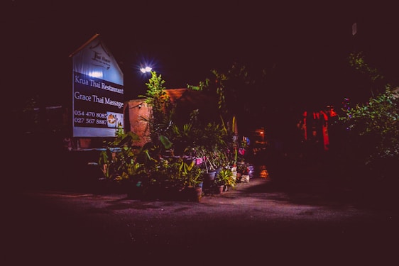 A dimly lit outdoor area with a sign for a restaurant and massage place visible on the left. The sign is illuminated in the dark, surrounded by plants and foliage. The background includes low light and shadows, with hints of reddish lights or decorations.