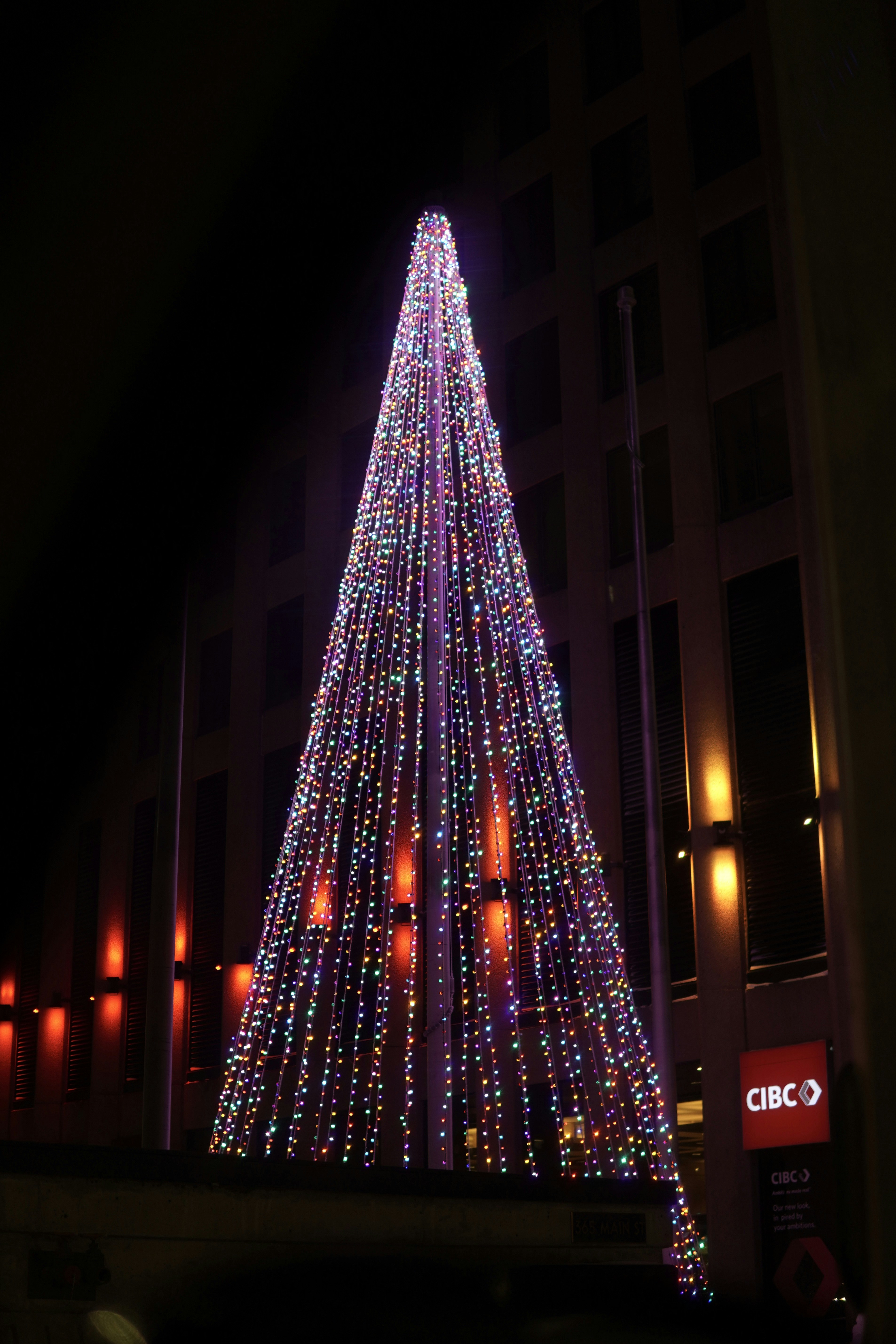 Un albero di Natale acceso davanti a un edificio