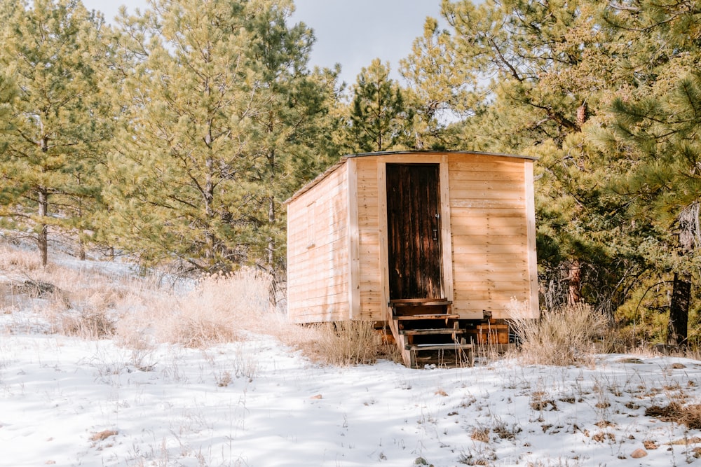 a outhouse in the middle of a snowy field