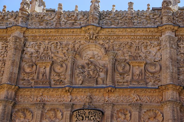 The carved Plateresque front of the university — Salamanca, Spain