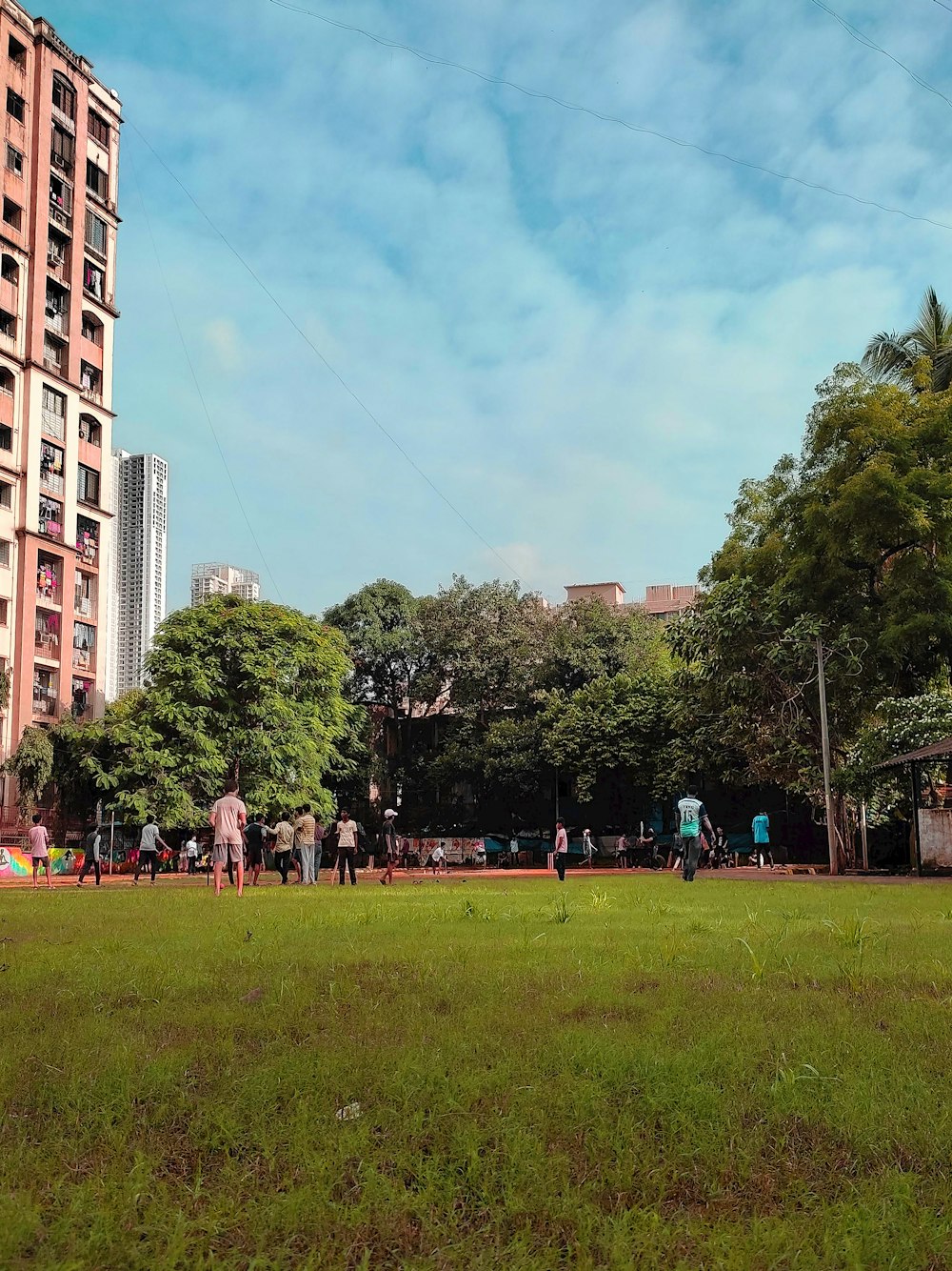 a group of people standing on top of a lush green field