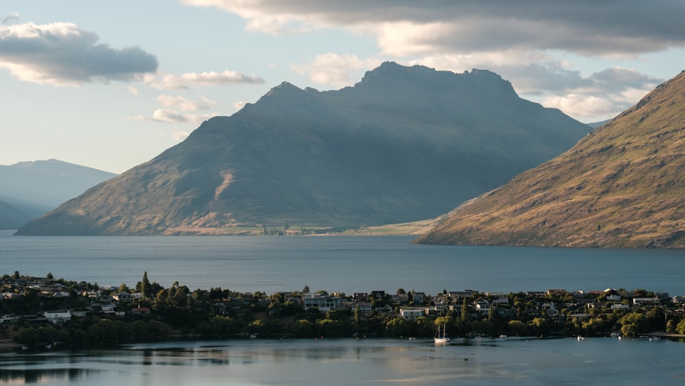 a lake surrounded by mountains under a cloudy sky