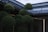 An outdoor courtyard features neatly trimmed topiary trees with rounded foliage. The architecture includes traditional styles with a tiled roof and exposed wooden beams, creating a serene and organized aesthetic. The lighting appears soft, and there is a subtle play of light and shadow.