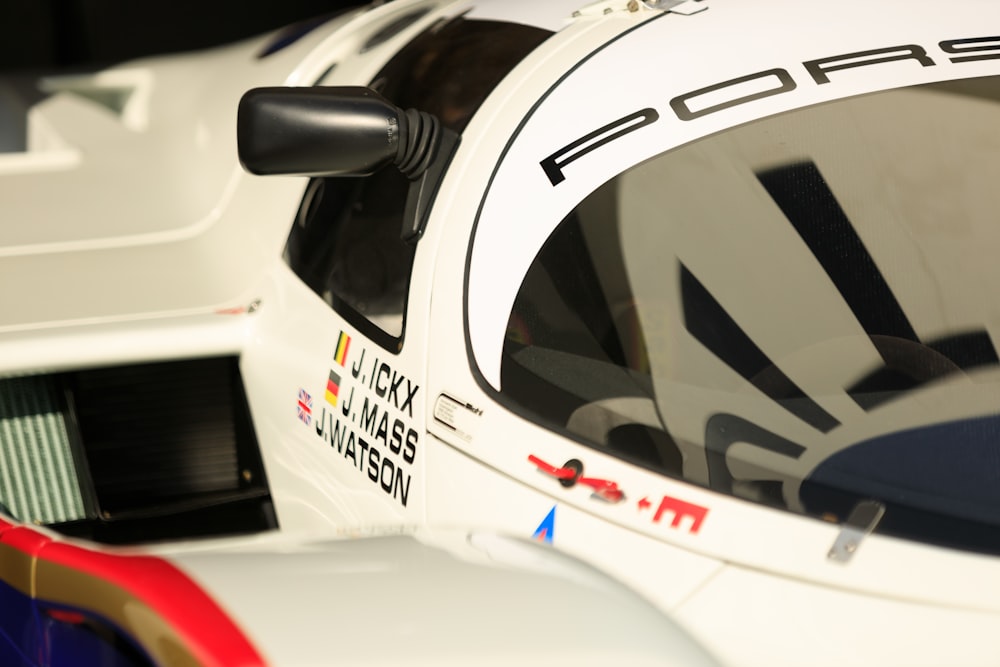 a close up of a white race car