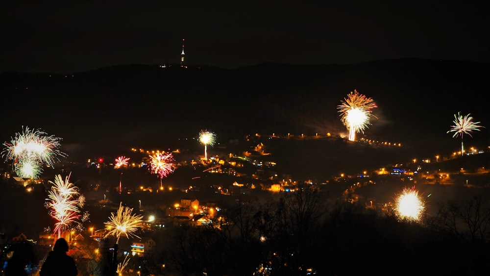 a group of people standing on top of a hill watching fireworks