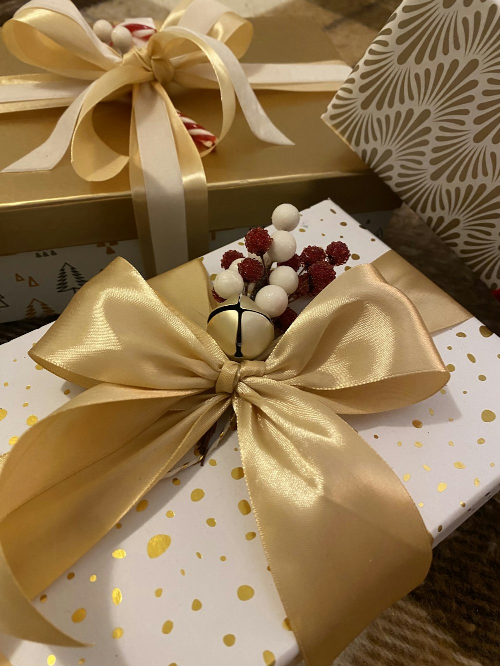 a present wrapped in gold and white ribbon