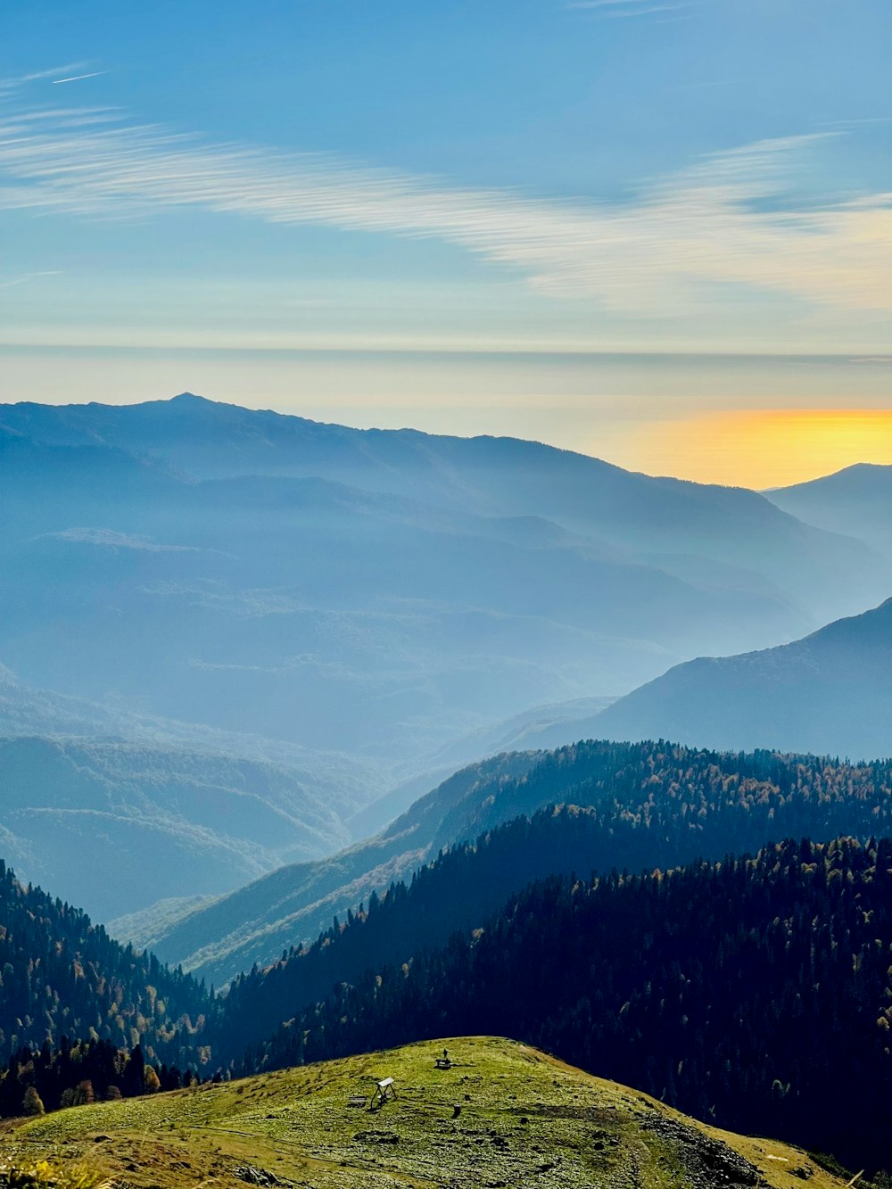 a view of a mountain range at sunset