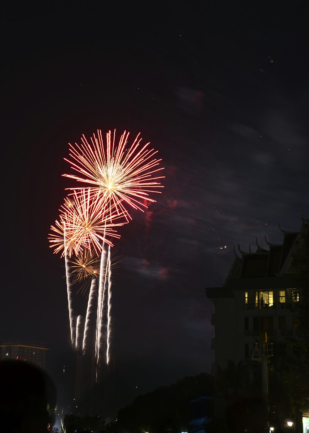 fireworks are lit up in the night sky