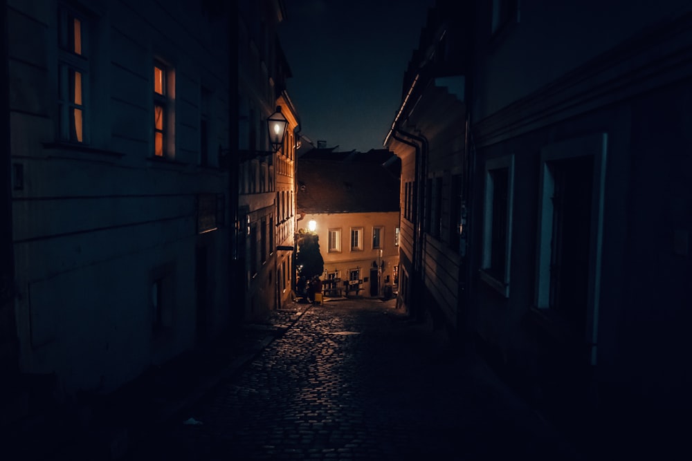 a dark alley way with a person walking down it at night