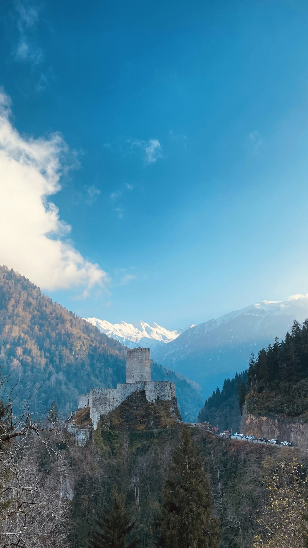 a castle sitting on top of a lush green hillside