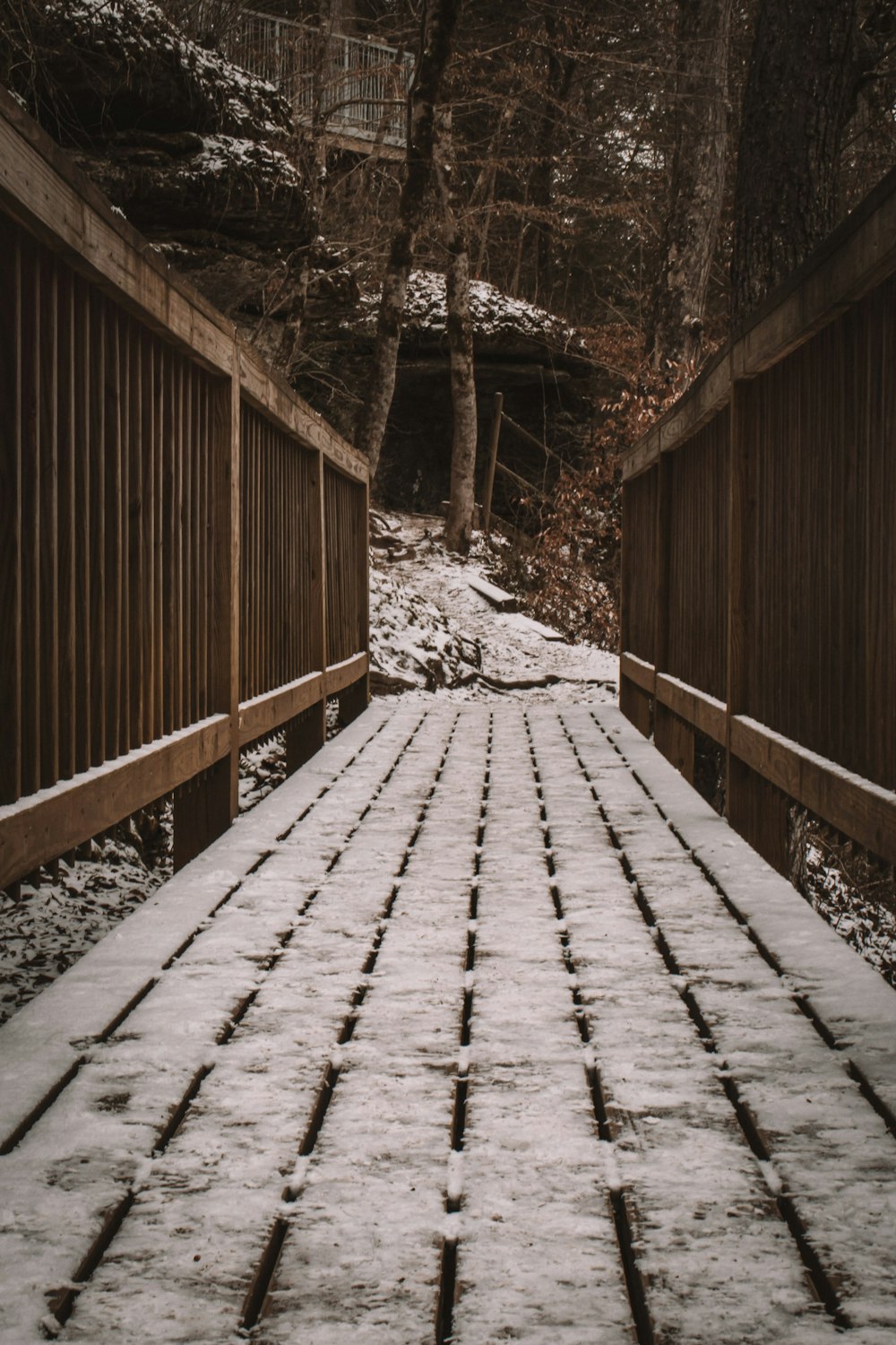 a snow covered walkway in a wooded area
