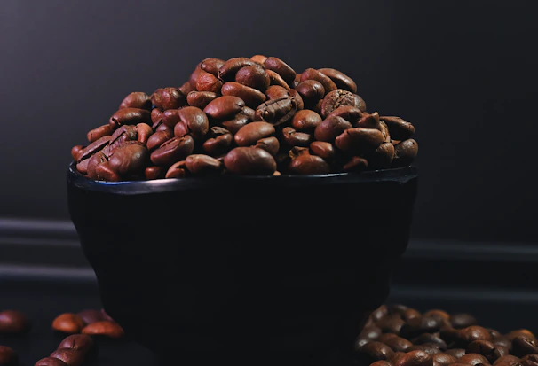 Artfully arranged spices and coffee beans on a matte black surface, softly lit to reveal texture