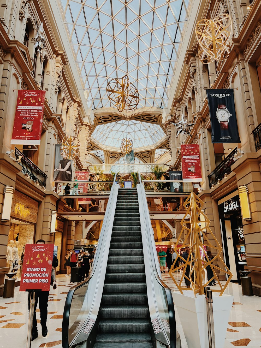 an escalator in a shopping mall with a skylight