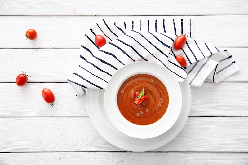 Cuenco de gazpacho andaluz frío servido sobre mesa blanca
