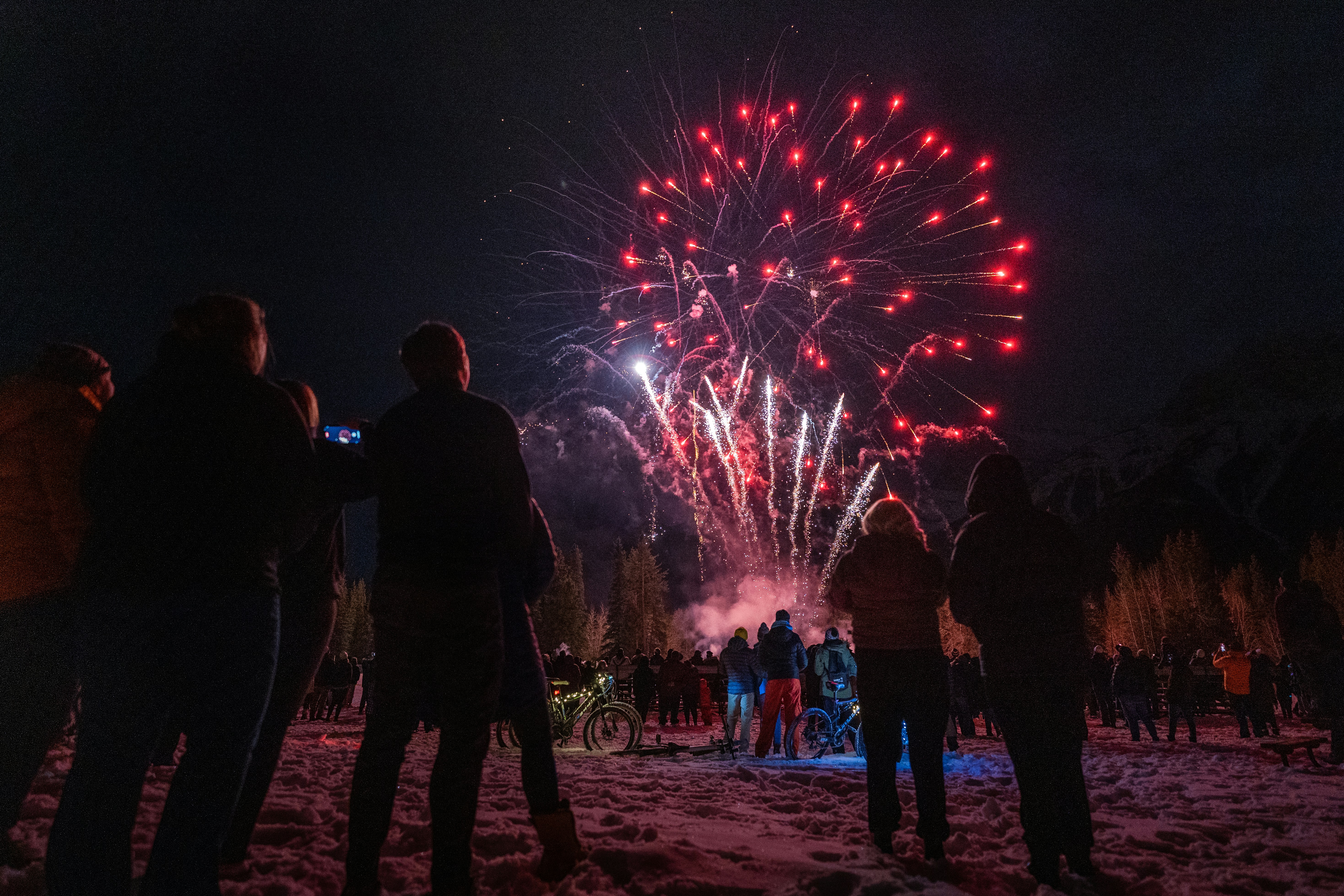 a group of people standing in the snow watching fireworks