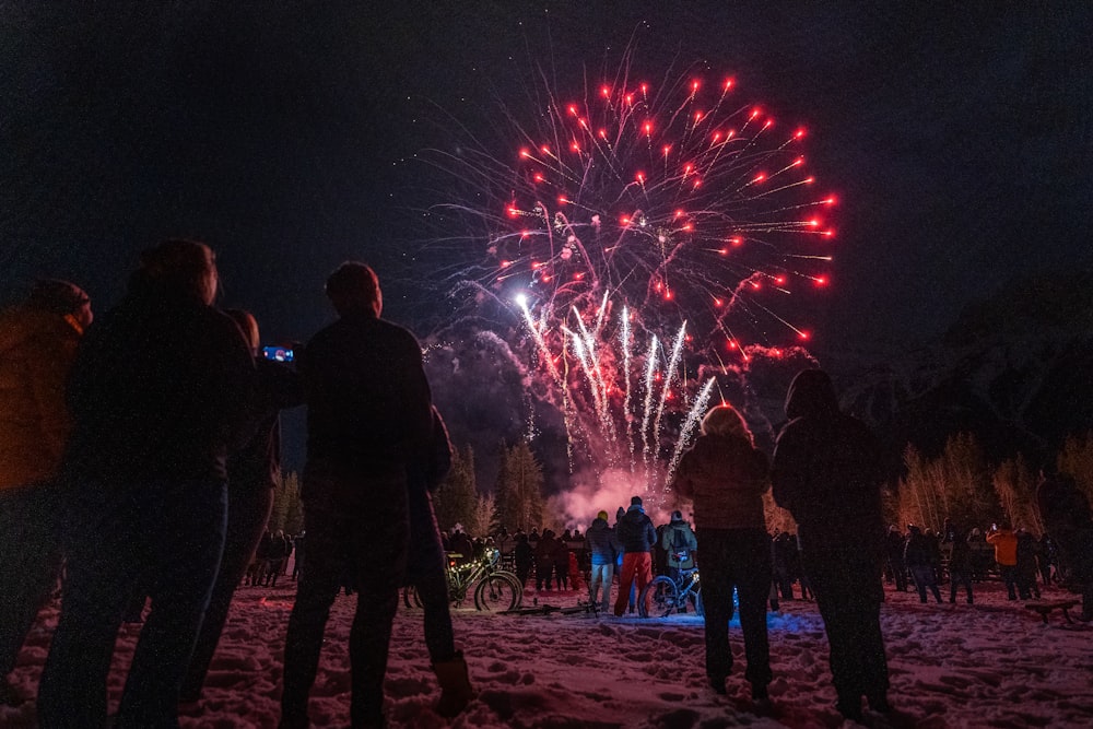a group of people standing in the snow watching fireworks