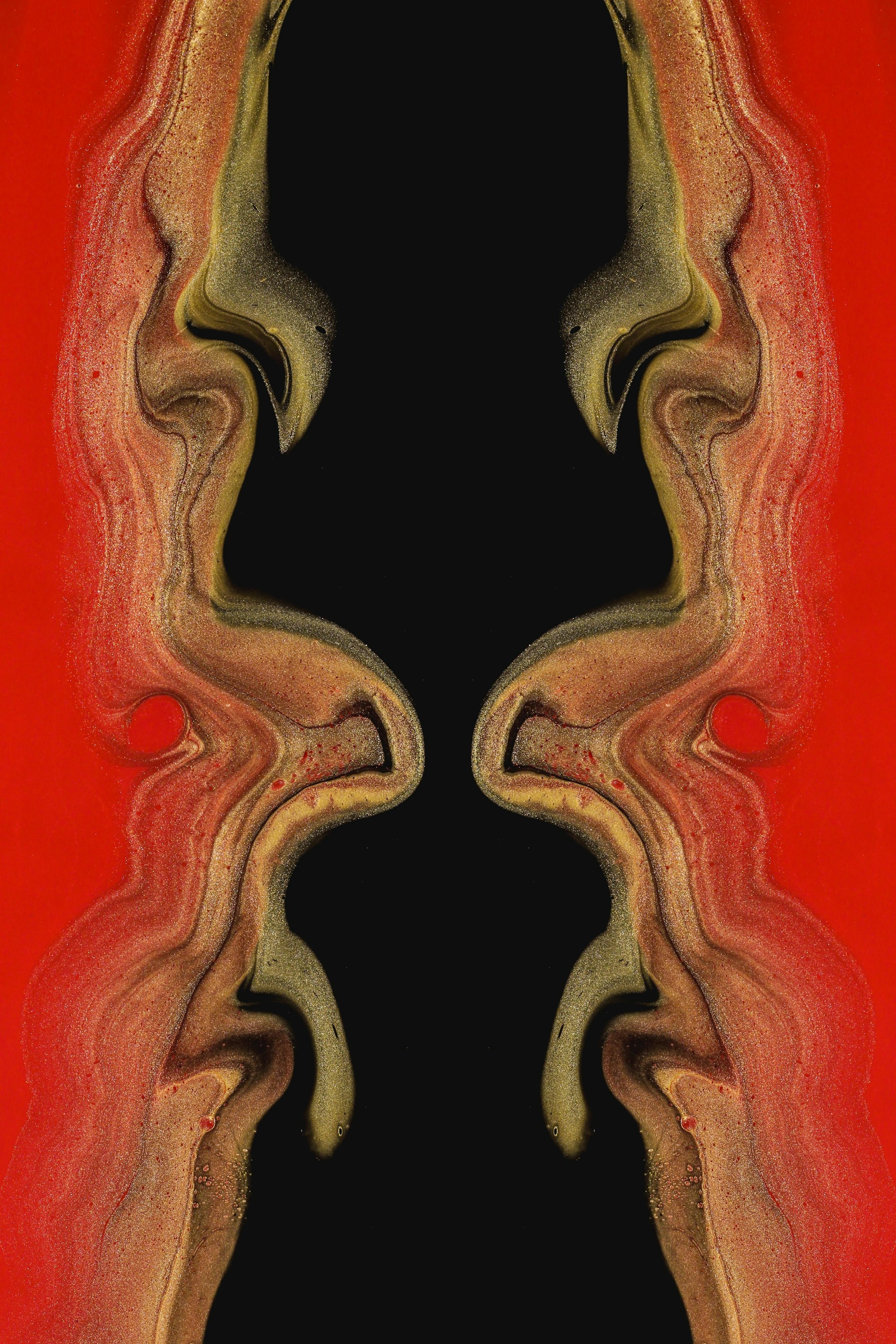 a red and black abstract painting with a black background