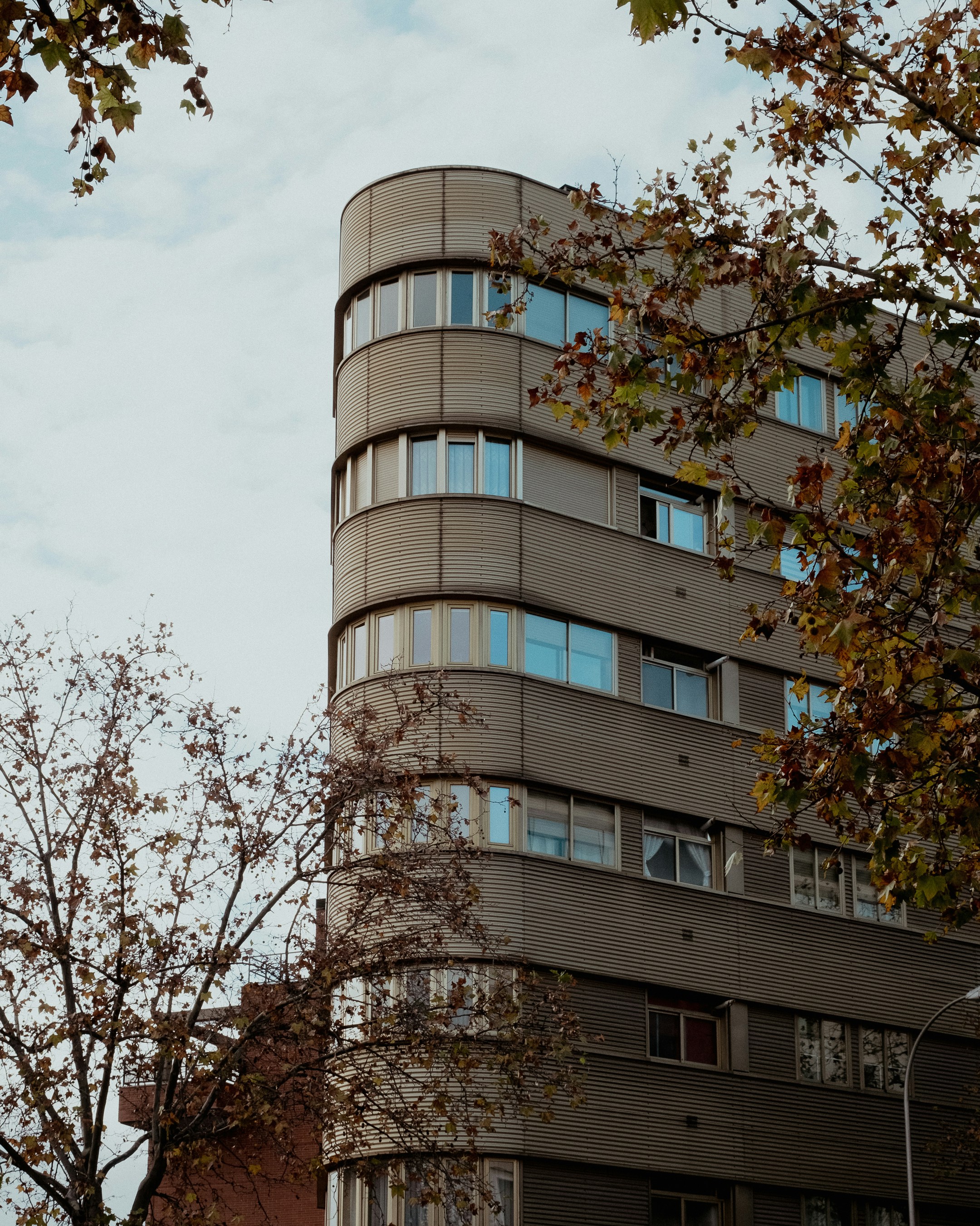 a tall building with many windows next to a tree