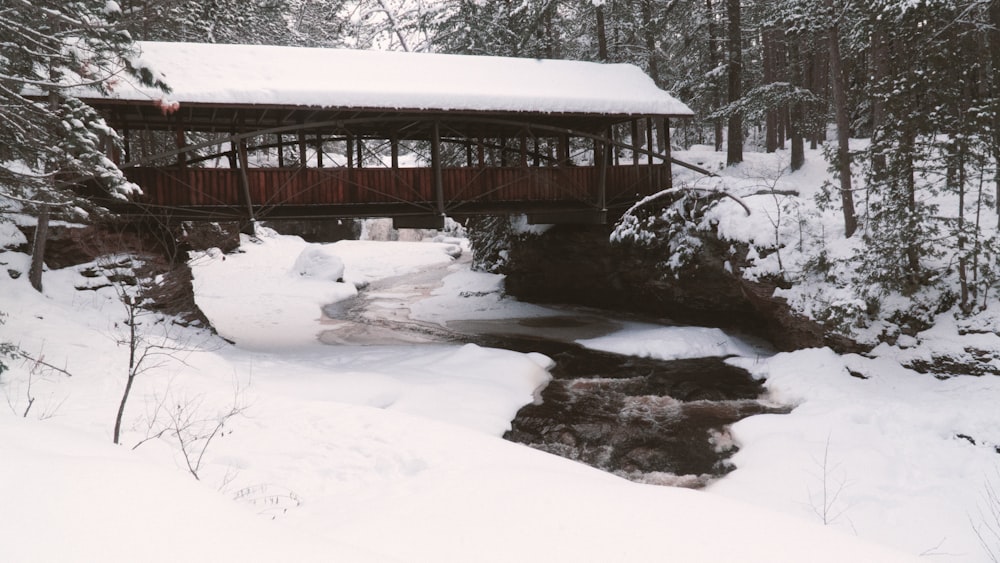a covered bridge in the middle of a snowy forest