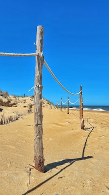 a wooden post on a sandy beach next to the ocean