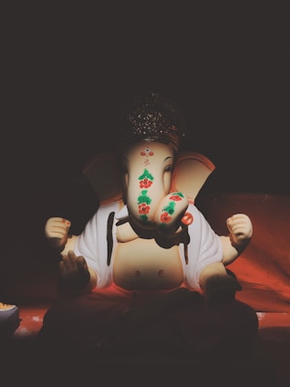 A serene image of Ganesh Ji blessing with a softly glowing rudraksha and kundali charts in the background on a dark yellow backdrop.