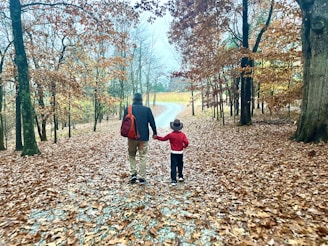 A father and son walking hand in hand through a sunlit forest, sharing a quiet moment of connection.