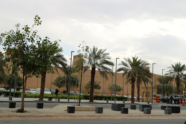 Wide concrete road lined with trees inside the Shri Hari Baug layout.