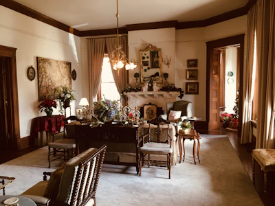 a living room filled with furniture and a fire place